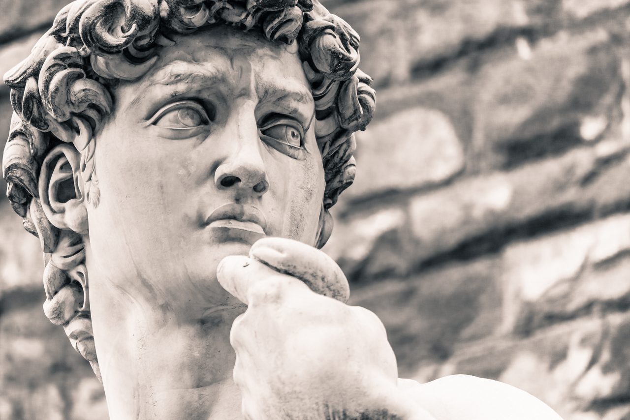 Close-up of Michelangelo's Statue of David, showing the face and hand in profile against a stone wall background. 